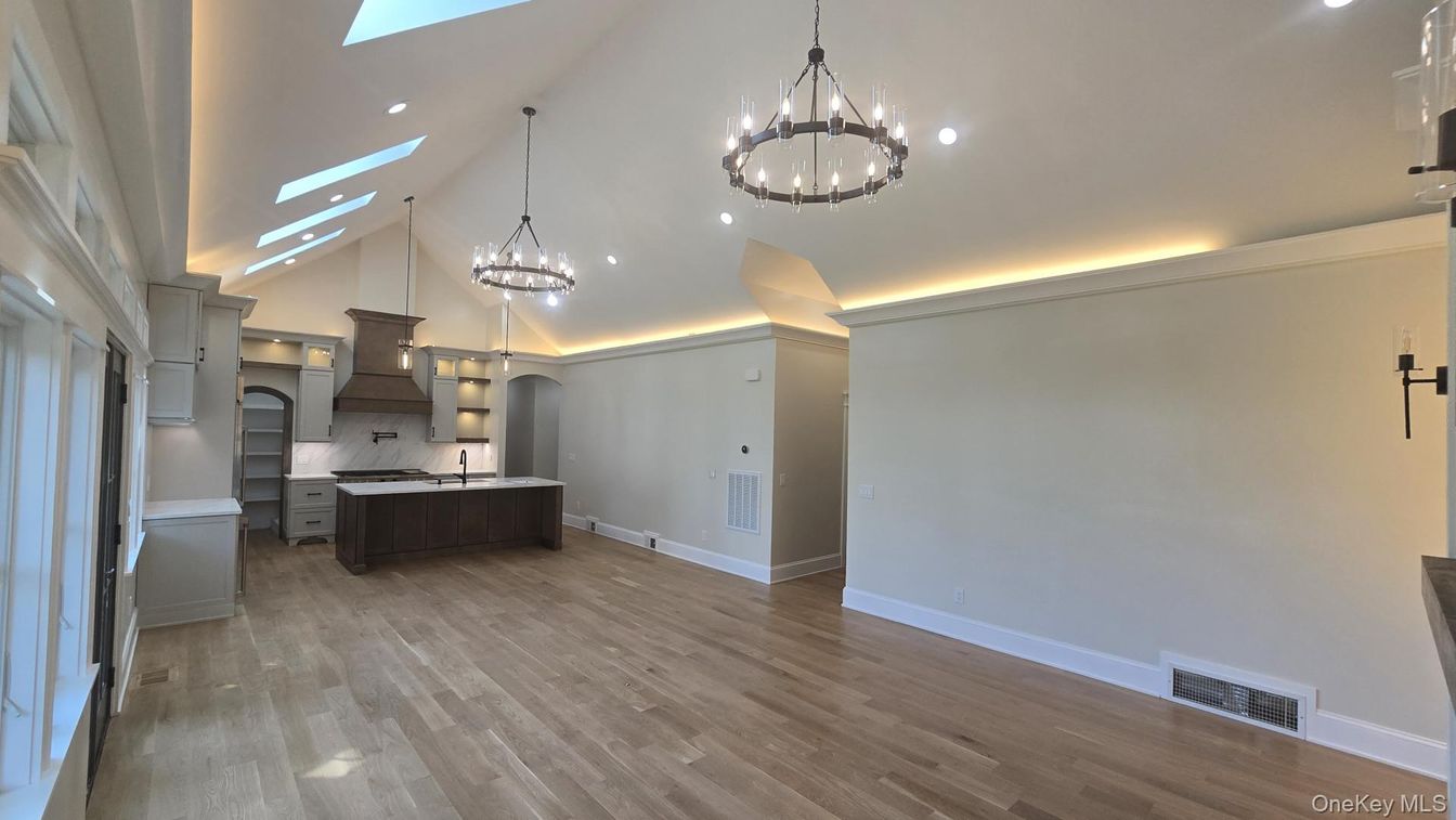 Chandelier, Interior, Kitchen, Pendant Lights, Recessed Lighting, Wood Texture Flooring