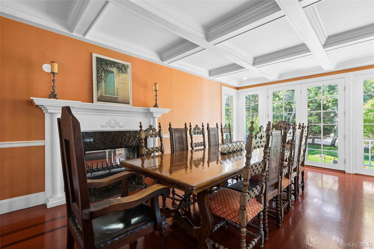 Dining room, Fireplace, Interior, Wood Texture Flooring