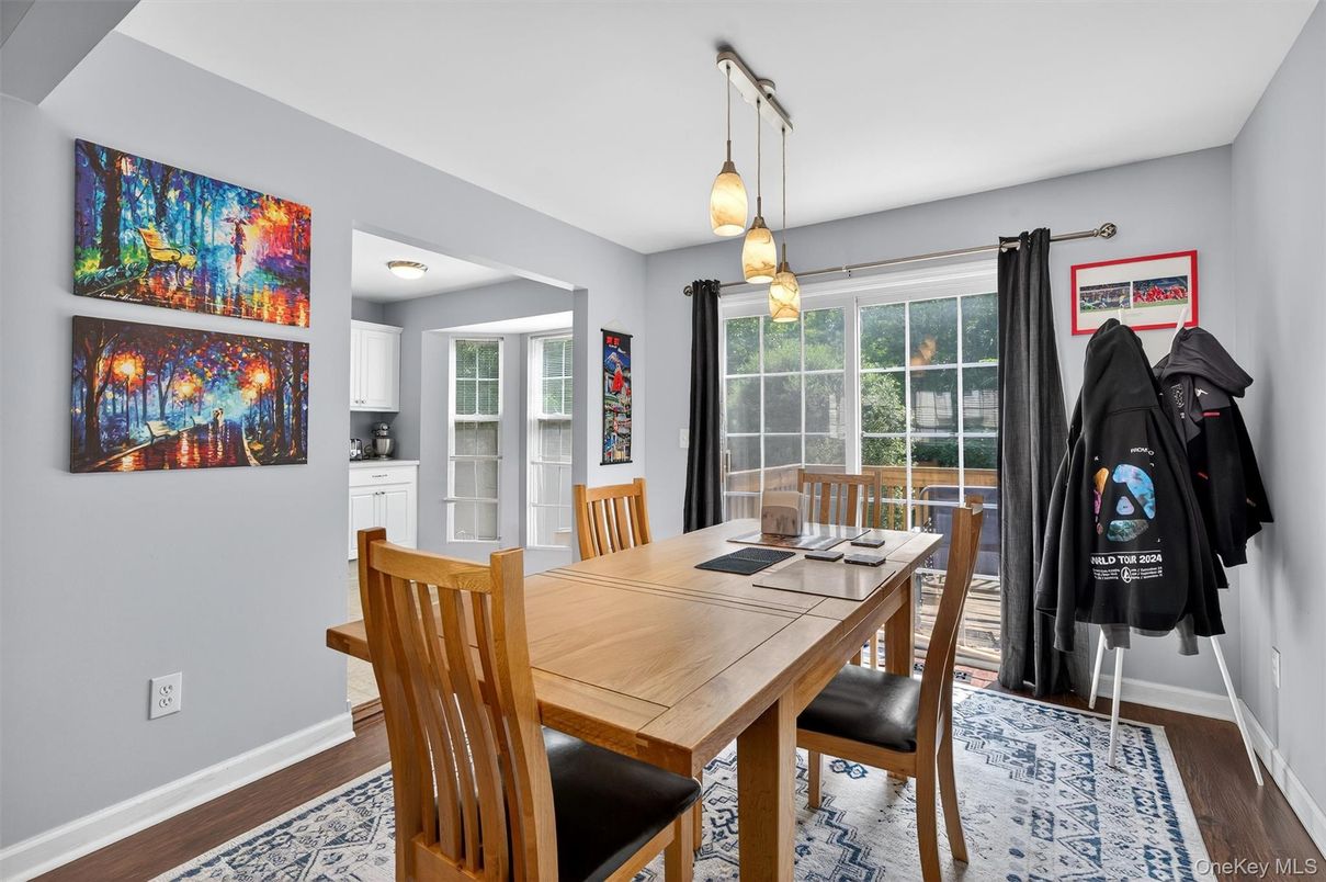 Dining room, Interior, Pendant Lights, Wood Texture Flooring