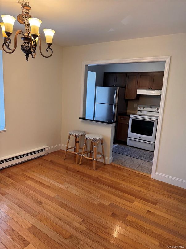 Chandelier, Interior, Kitchen, Stainless Steel Appliances, Wood Texture Flooring