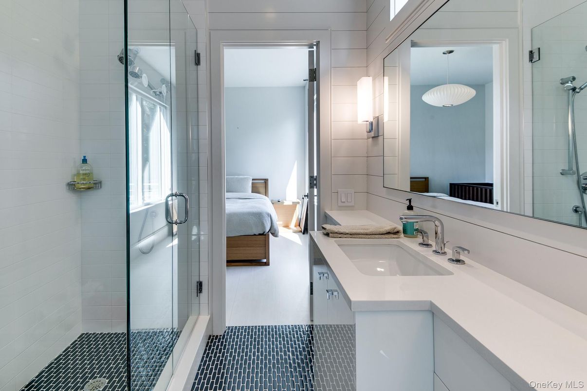 Bathroom, Bedroom, Glass Shower, Interior, Pendant Lights