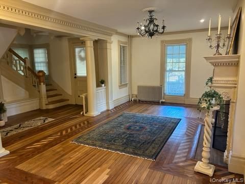 Chandelier, Fireplace, Interior, Recessed Lighting, Wood Texture Flooring
