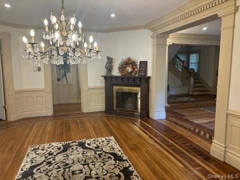 Chandelier, Fireplace, Interior, Recessed Lighting, Wood Texture Flooring