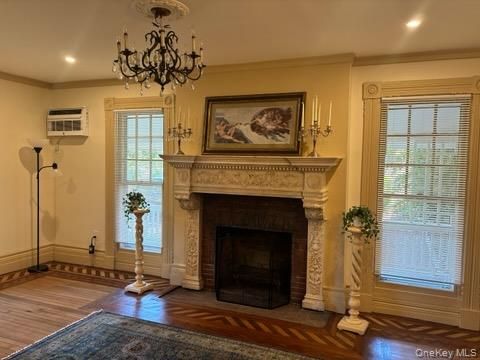 Chandelier, Fireplace, Interior, Recessed Lighting, Wood Texture Flooring