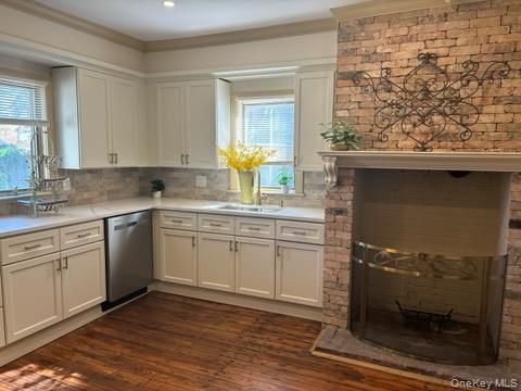 Fireplace, Interior, Kitchen, Recessed Lighting, Stone Walls, Wood Texture Flooring