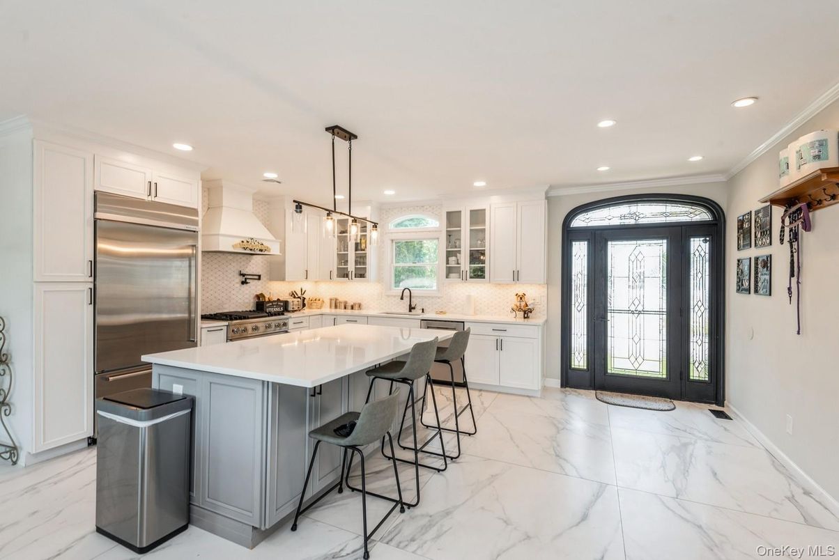 Interior, Kitchen, Marble, Pendant Lights, Recessed Lighting, Stainless Steel Appliances