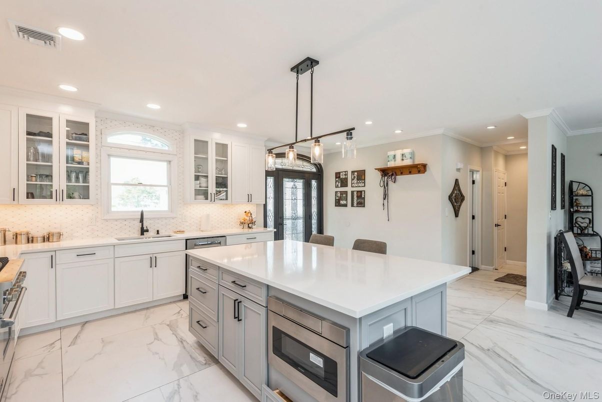 Interior, Kitchen, Marble, Pendant Lights, Recessed Lighting, Stainless Steel Appliances