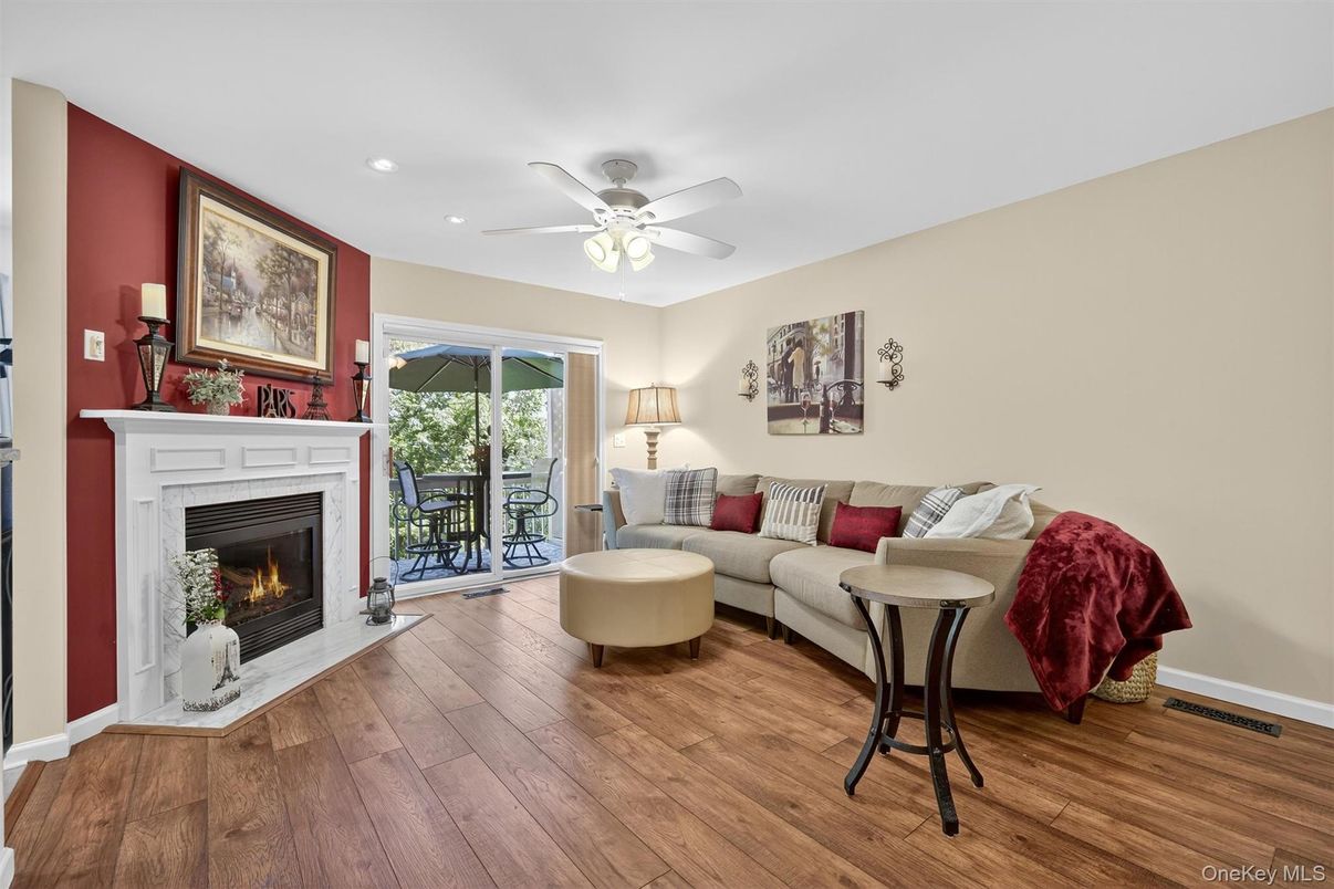 Fireplace, Interior, Living room, Recessed Lighting, Wood Texture Flooring