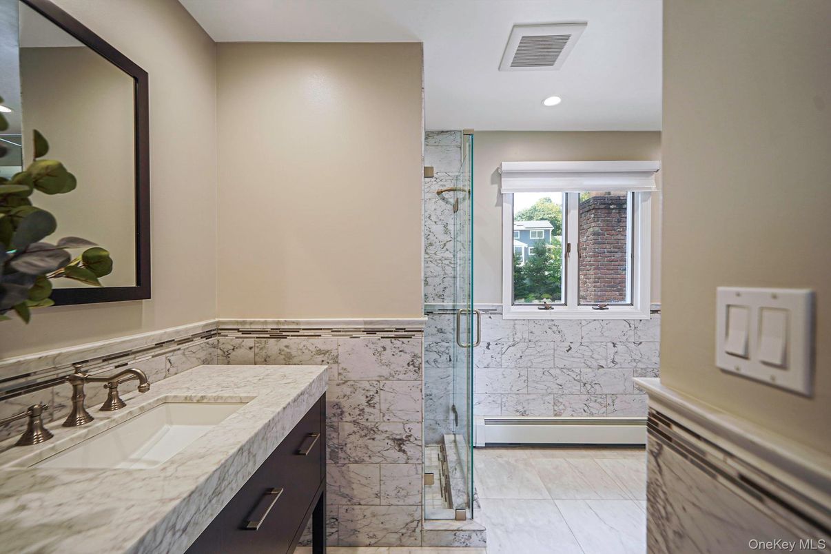 Bathroom, Glass Shower, Interior, Marble, Marble Walls, Recessed Lighting