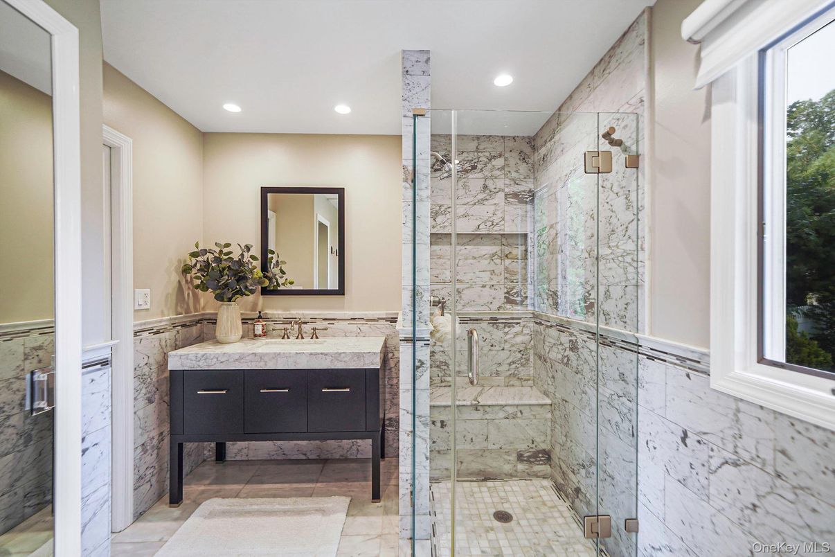 Bathroom, Glass Shower, Interior, Marble Walls, Recessed Lighting