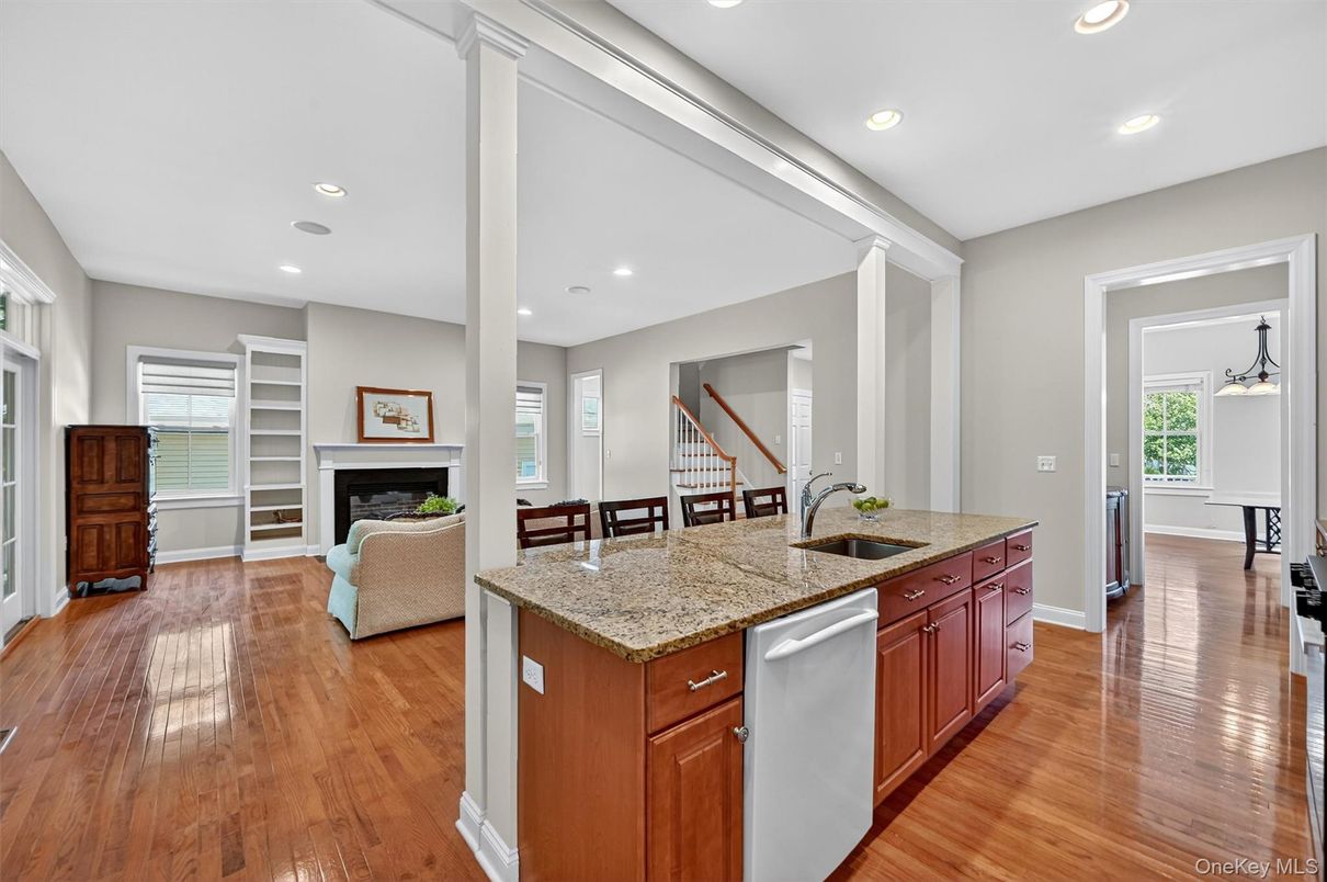 Fireplace, Interior, Kitchen, Recessed Lighting, Wood Texture Flooring