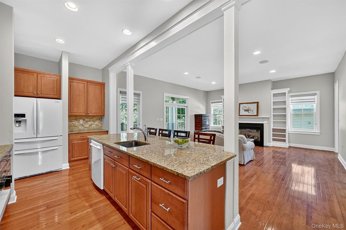 Fireplace, Interior, Kitchen, Recessed Lighting, Wood Texture Flooring