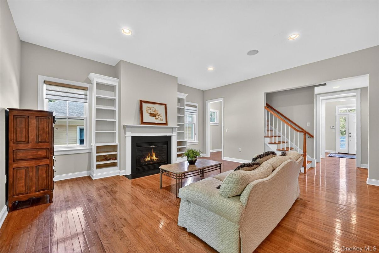 Fireplace, Interior, Living room, Recessed Lighting, Wood Texture Flooring