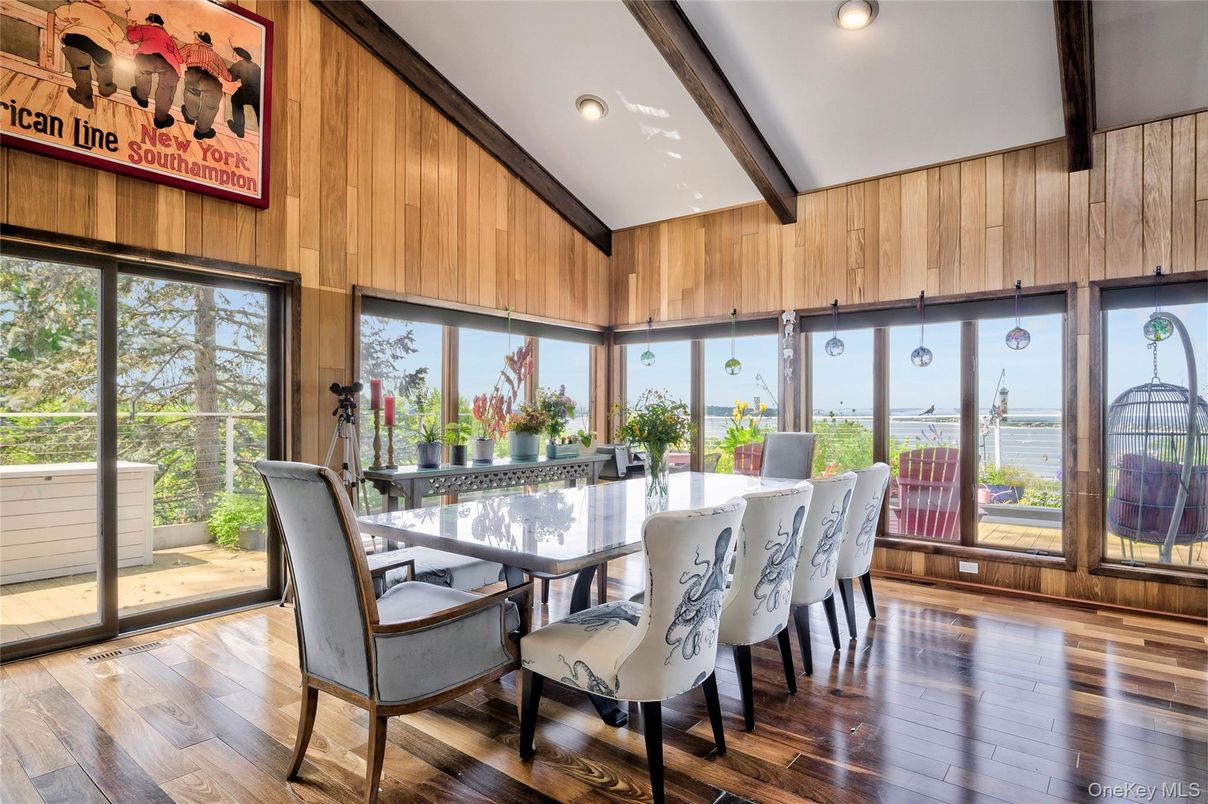 Dining room, Interior, Recessed Lighting, Water, Wooden Beams, Wood Texture Flooring, Wooden Walls