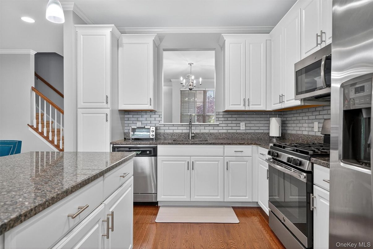 Chandelier, Interior, Kitchen, Recessed Lighting, Stainless Steel Appliances, Wood Texture Flooring