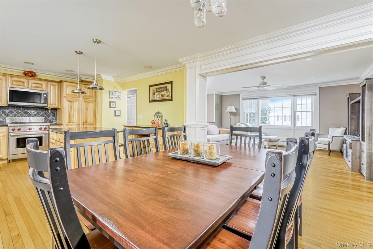 Dining room, Fireplace, Interior, Kitchen, Living room, Pendant Lights, Wood Texture Flooring
