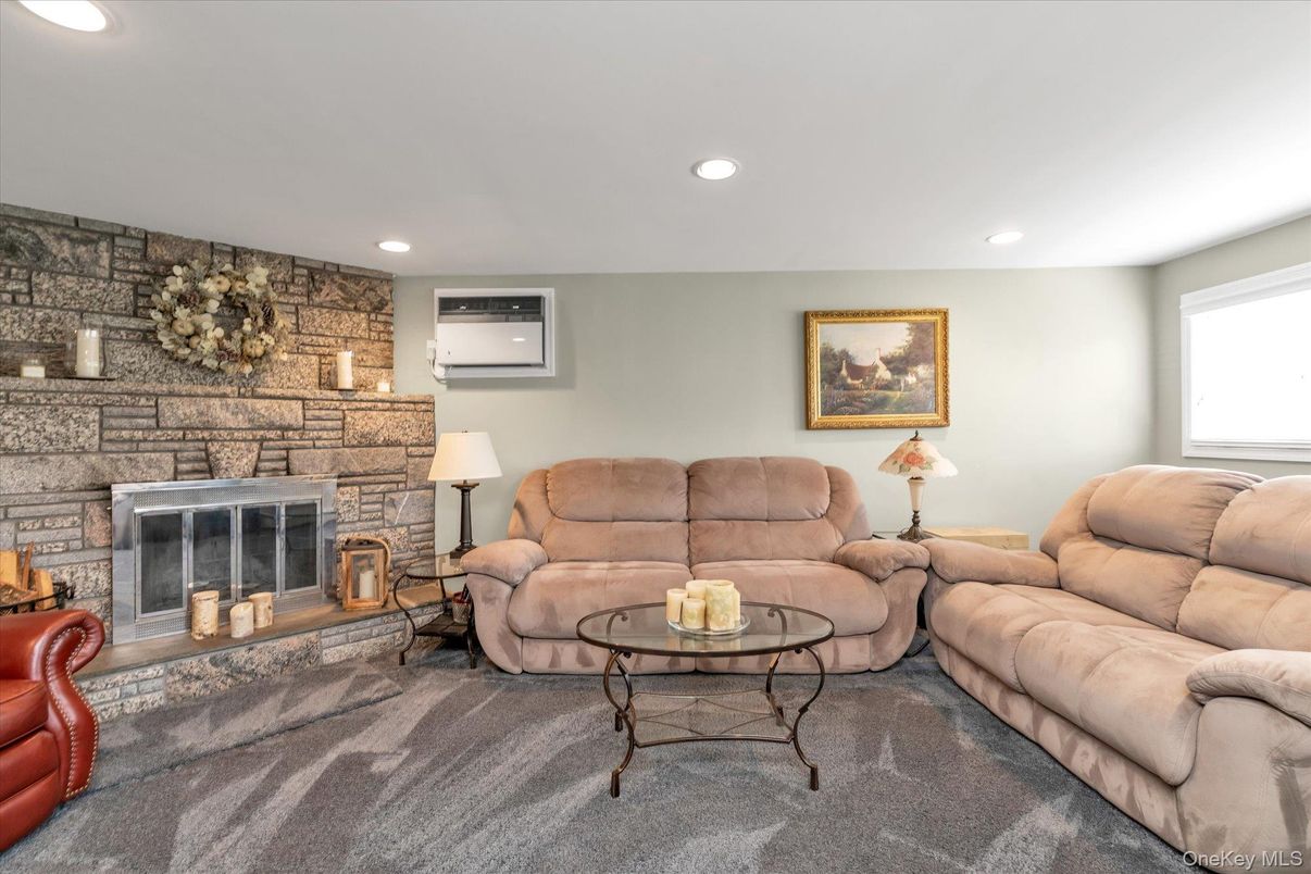 Fireplace, Interior, Living room, Recessed Lighting, Stone Walls