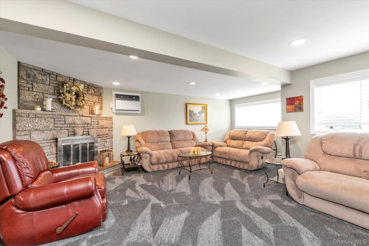 Fireplace, Interior, Living room, Recessed Lighting, Stone Walls