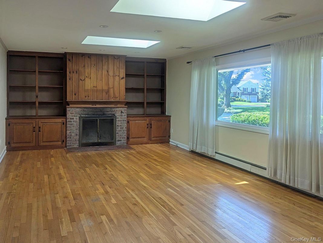 Empty room, Fireplace, Interior, Recessed Lighting, Wood Texture Flooring