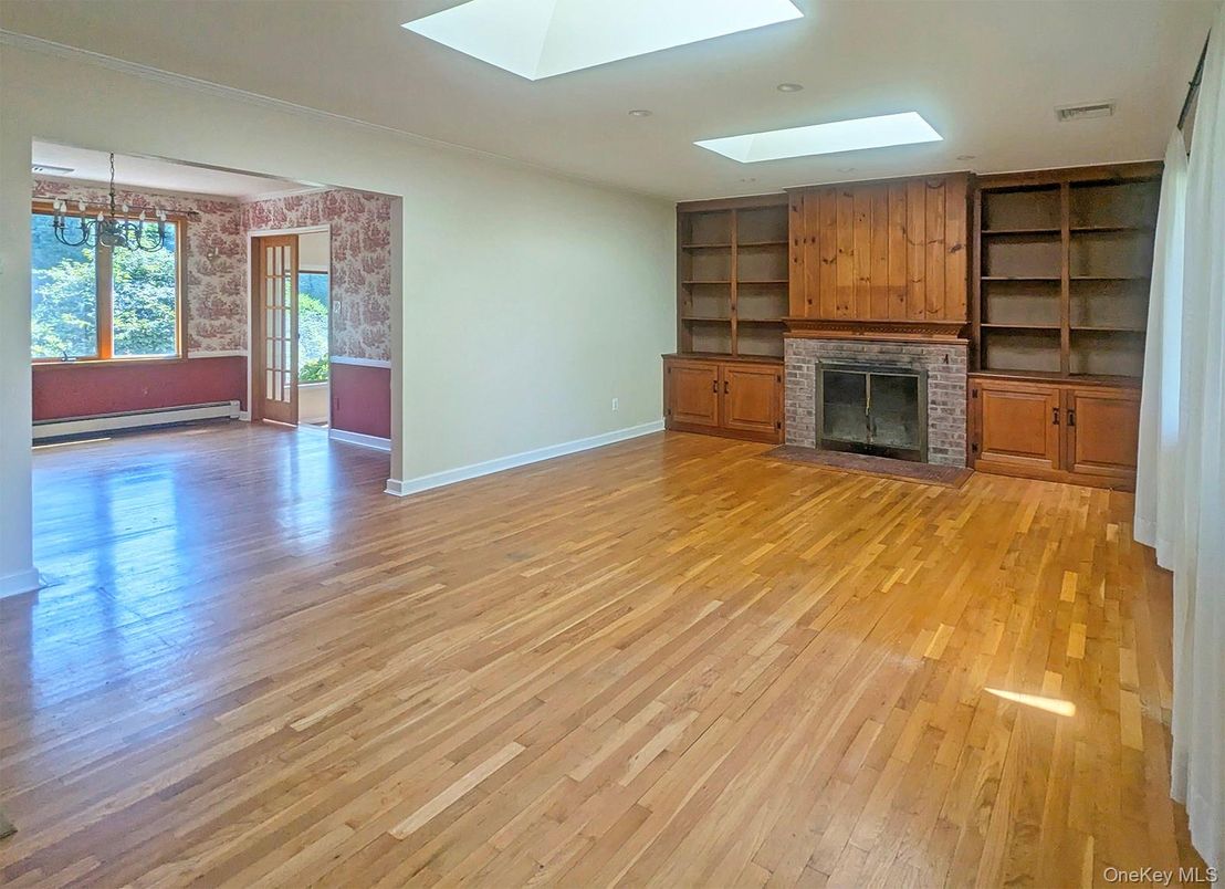 Empty room, Fireplace, Interior, Recessed Lighting, Wood Texture Flooring