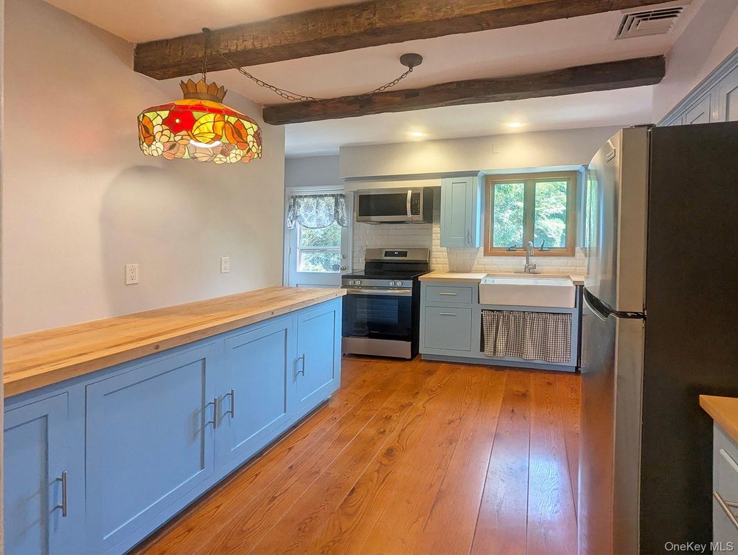 Interior, Kitchen, Recessed Lighting, Stainless Steel Appliances, Wooden Beams, Wood Texture Flooring