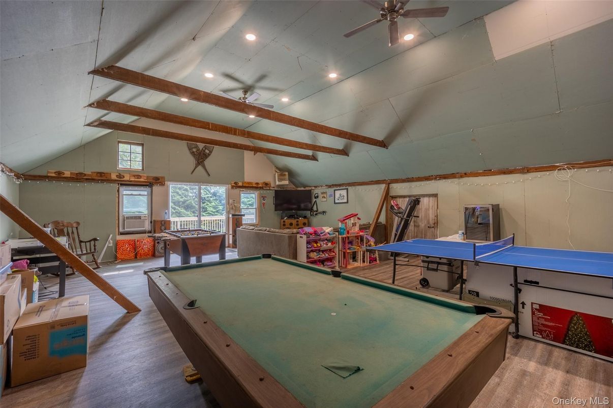 Billiard Table, Game Room, Interior, Recessed Lighting, Wood Texture Flooring