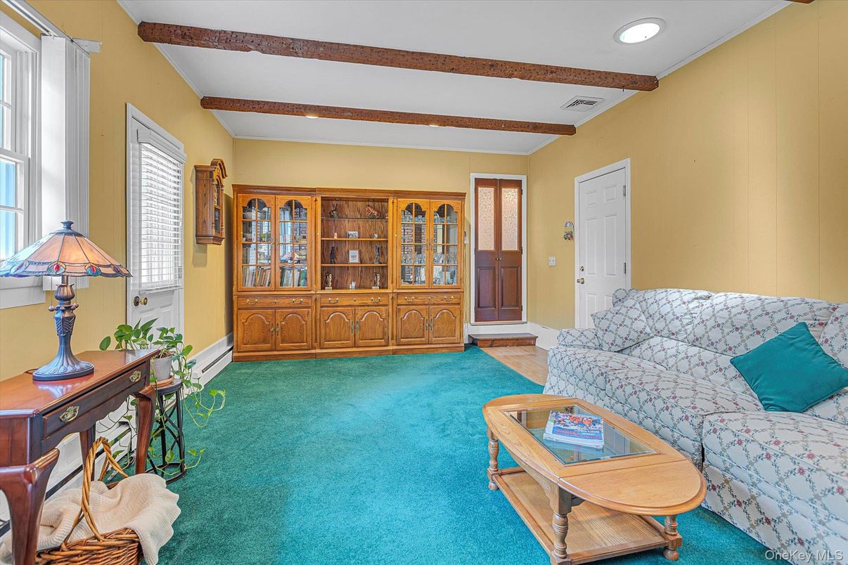 Interior, Living room, Recessed Lighting, Wooden Beams