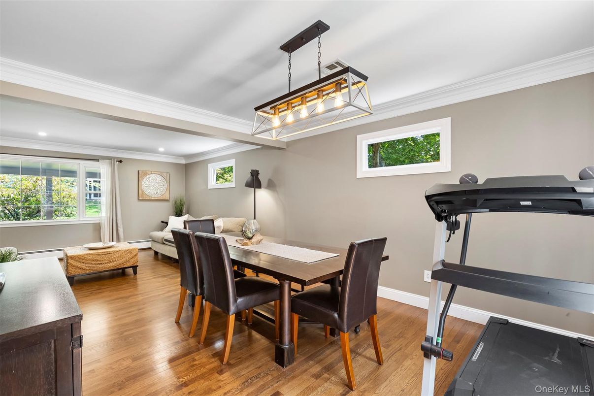 Dining room, Fitness Equipment, Interior, Pendant Lights, Recessed Lighting, Wood Texture Flooring
