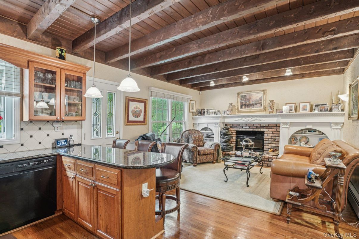 Fireplace, Interior, Living room, Pendant Lights, Wooden Beams, Wooden Ceilings, Wood Texture Flooring