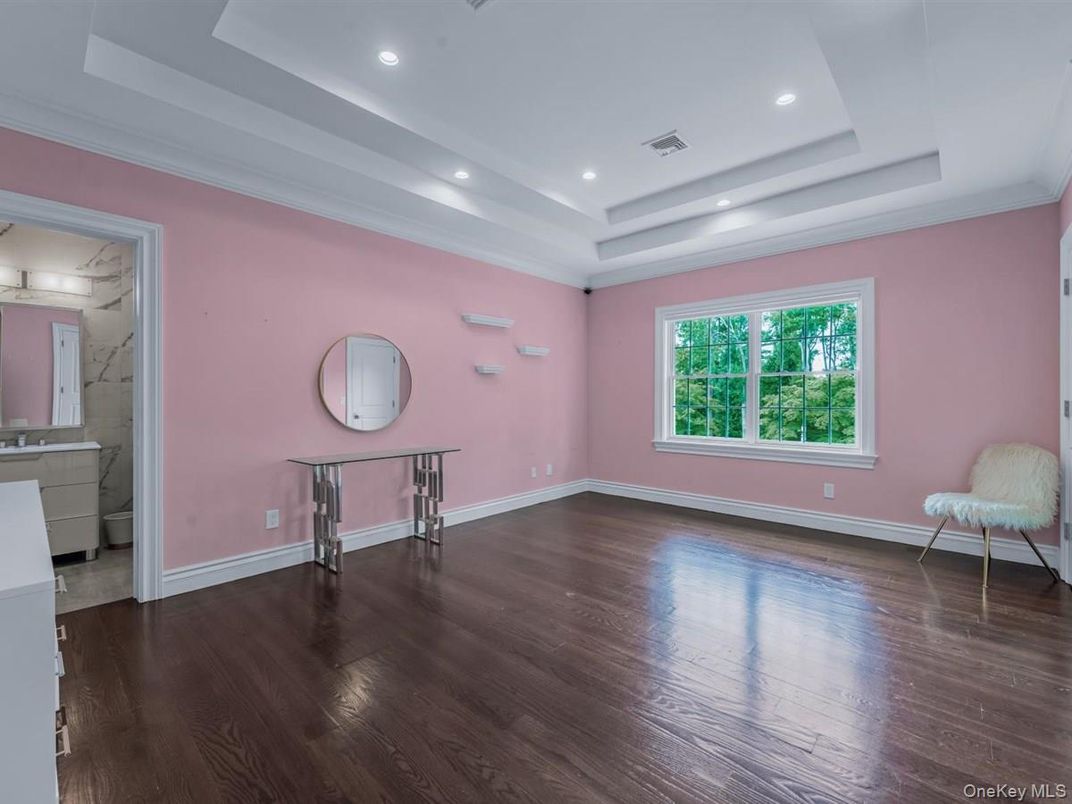 Bathroom, Empty room, Interior, Marble Walls, Recessed Lighting, Wood Texture Flooring