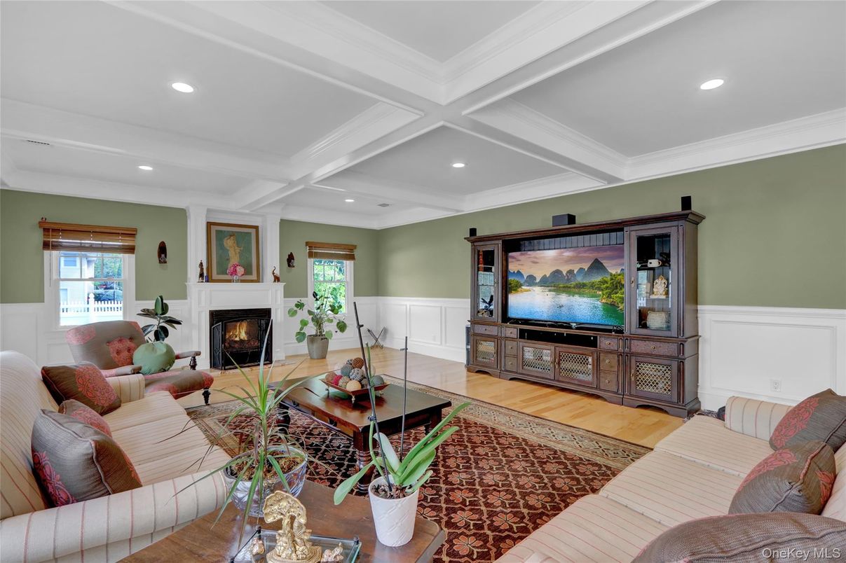 Fireplace, Interior, Living room, Recessed Lighting, Wood Texture Flooring
