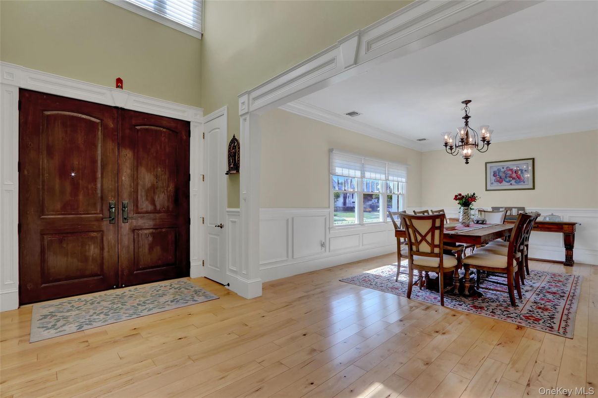 Chandelier, Dining room, Interior, Wood Texture Flooring