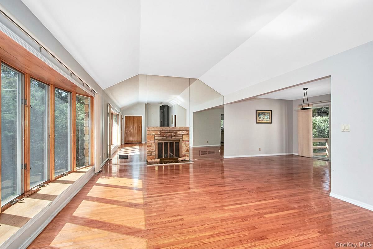 Empty room, Fireplace, Interior, Pendant Lights, Wood Texture Flooring