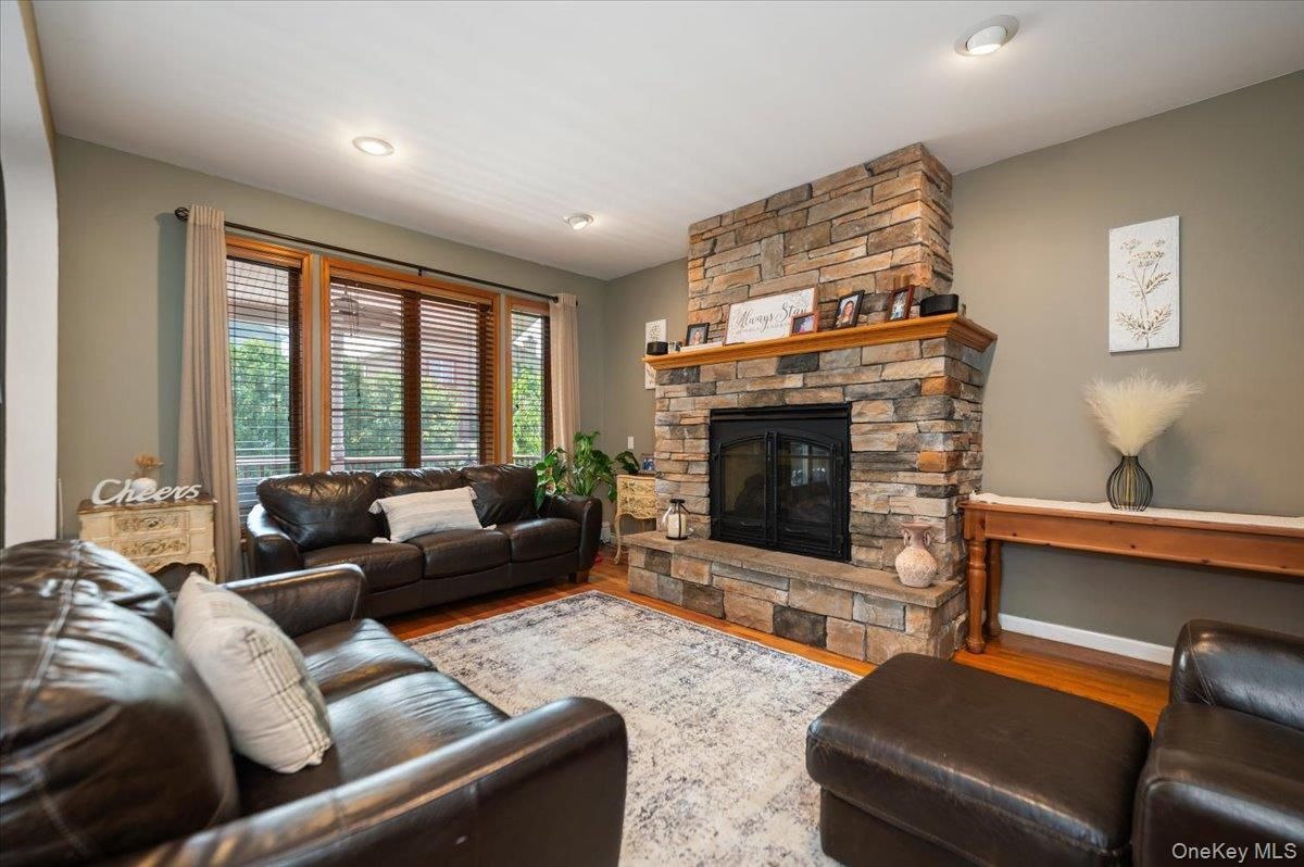 Fireplace, Interior, Living room, Recessed Lighting, Stone Walls
