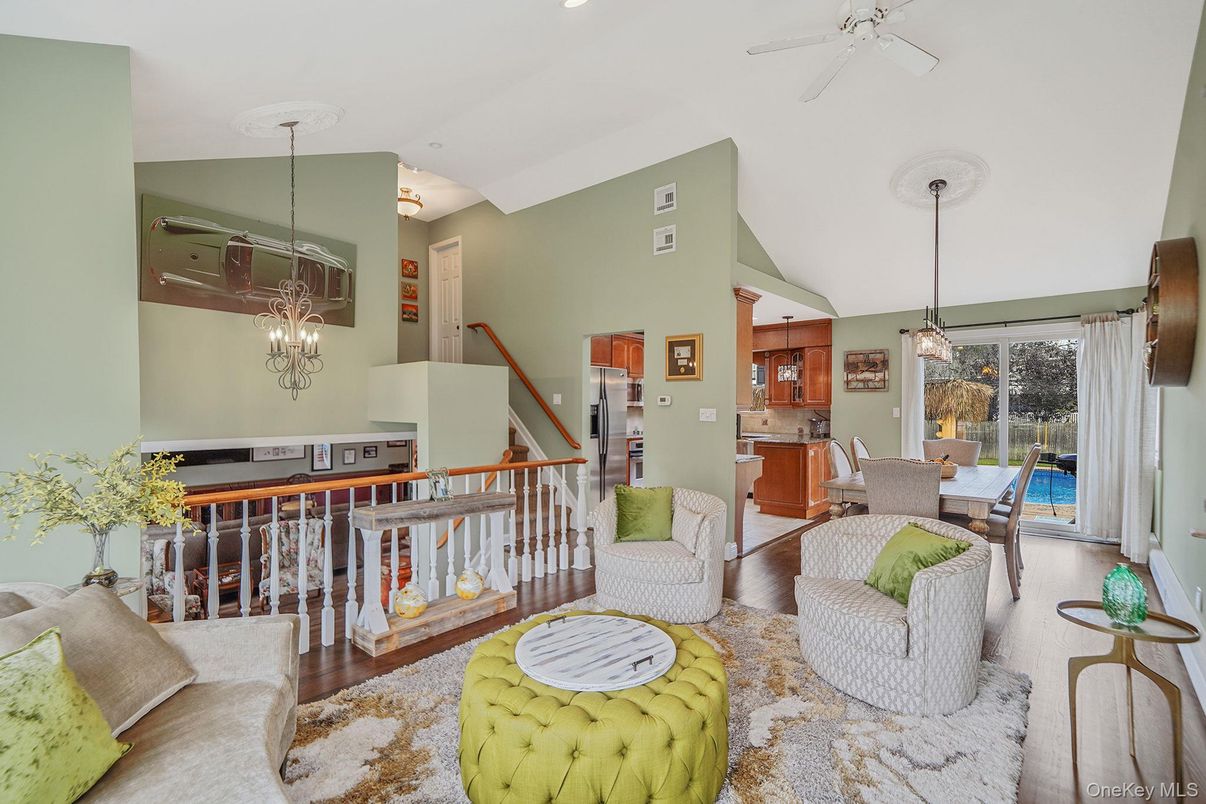 Chandelier, Dining room, Interior, Kitchen, Living room, Pendant Lights, Recessed Lighting, Wood Texture Flooring