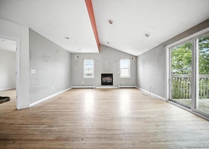 Empty room, Fireplace, Interior, Recessed Lighting, Wooden Beams, Wood Texture Flooring