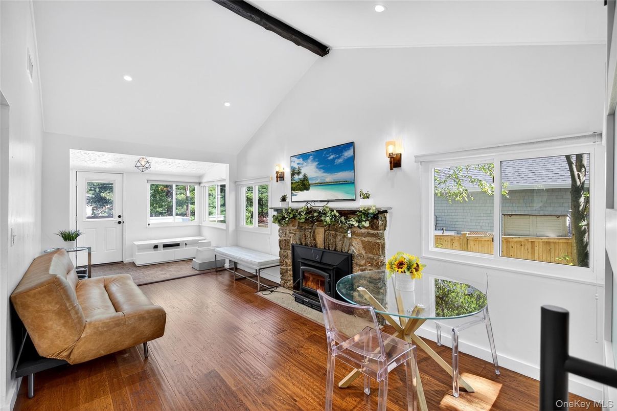Dining room, Fireplace, Interior, Recessed Lighting, Wooden Beams, Wood Texture Flooring