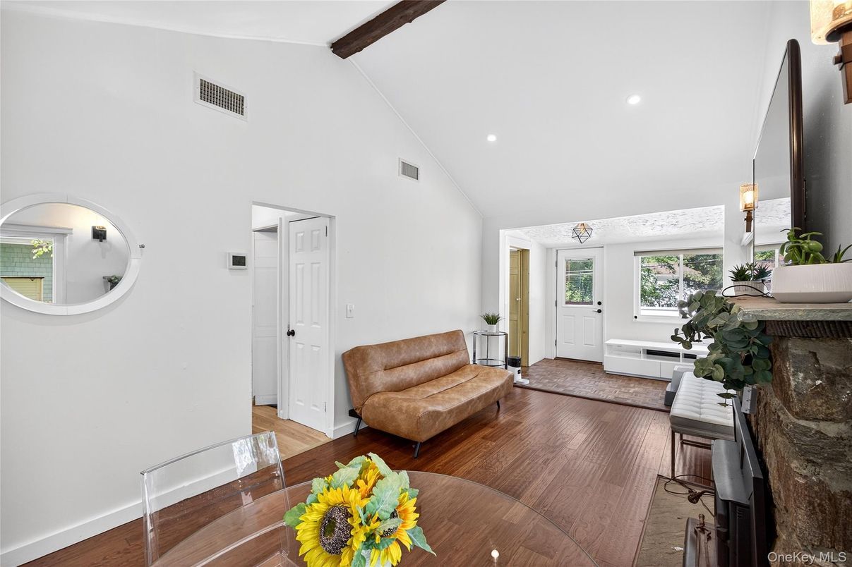 Fireplace, Interior, Recessed Lighting, Wooden Beams, Wood Texture Flooring