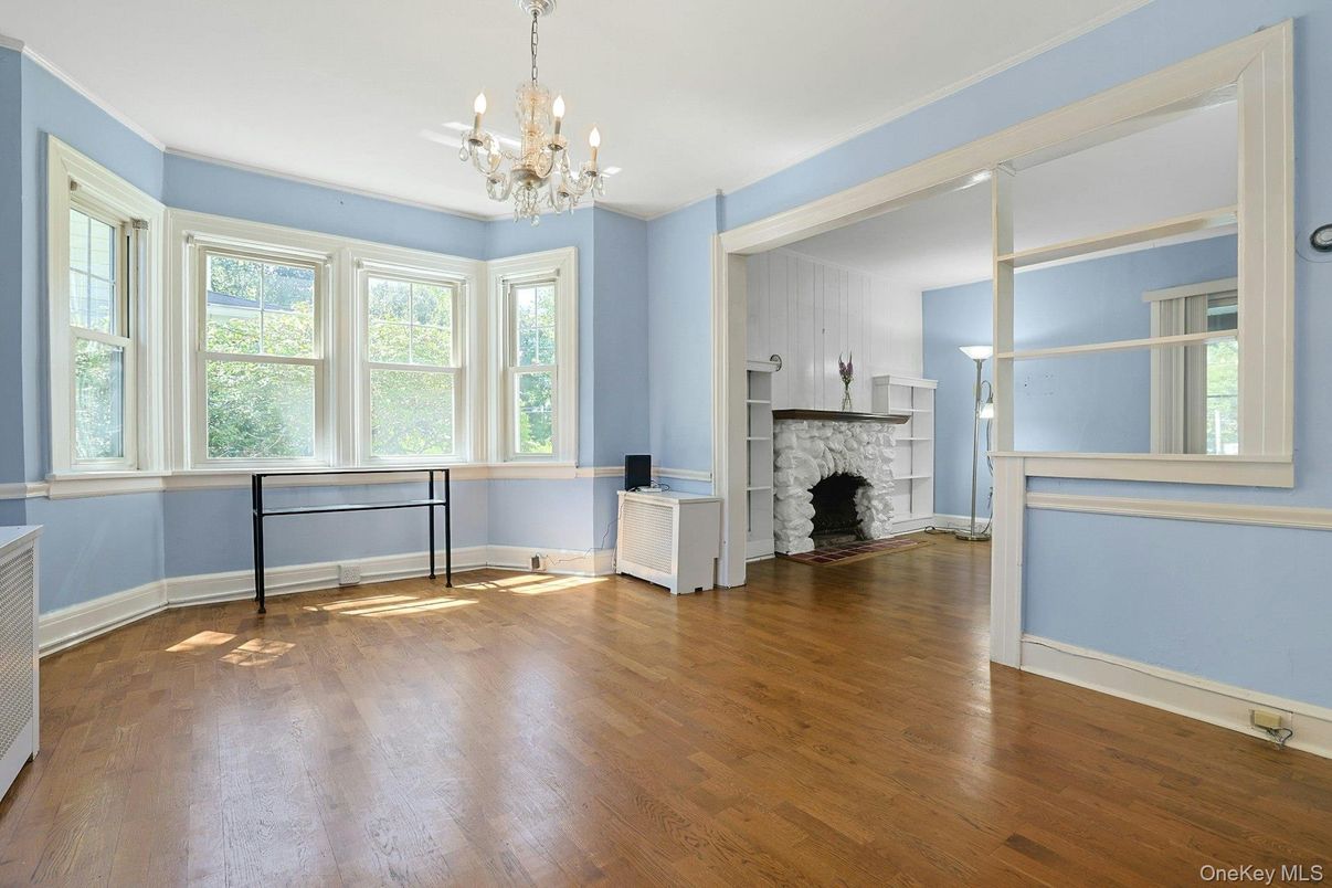 Chandelier, Empty room, Fireplace, Interior, Wood Texture Flooring