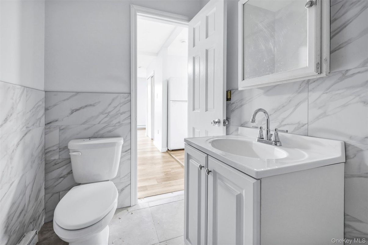 Bathroom, Interior, Marble Walls, Wood Texture Flooring