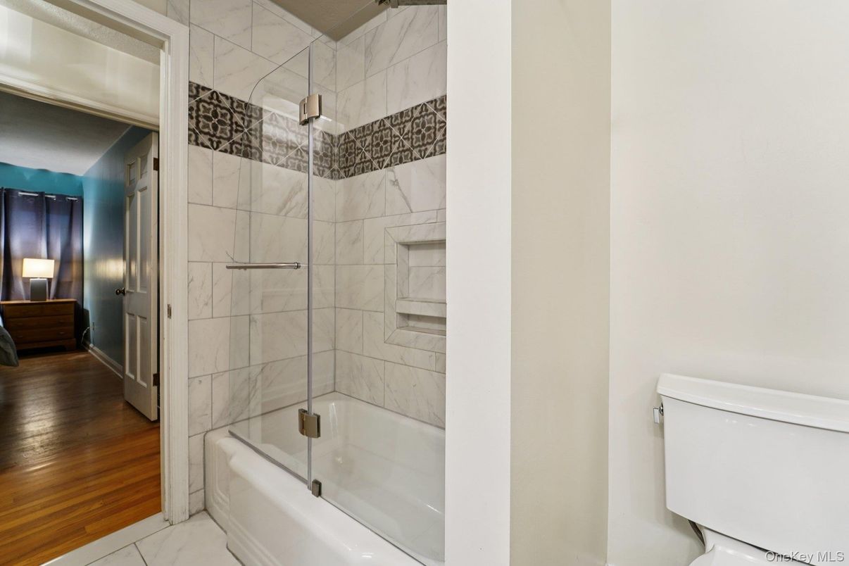 Bathroom, Glass Shower, Interior, Marble, Marble Walls, Wood Texture Flooring