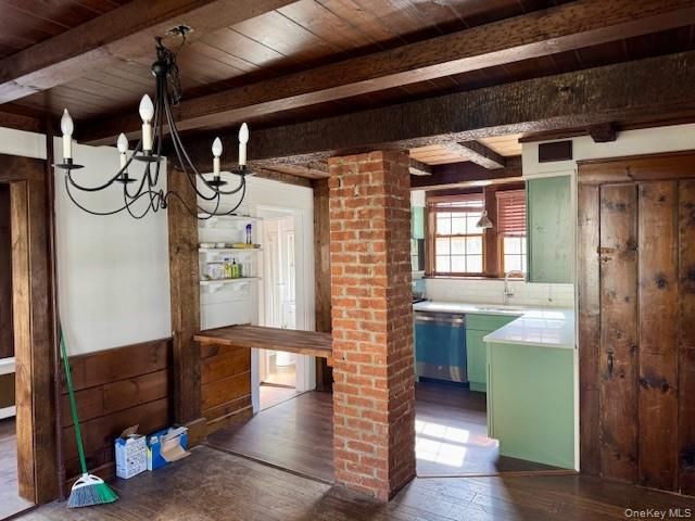 Chandelier, Interior, Kitchen, Stone Walls, Tile Countertops, Wooden Beams, Wooden Ceilings, Wood Texture Flooring, Wooden Walls