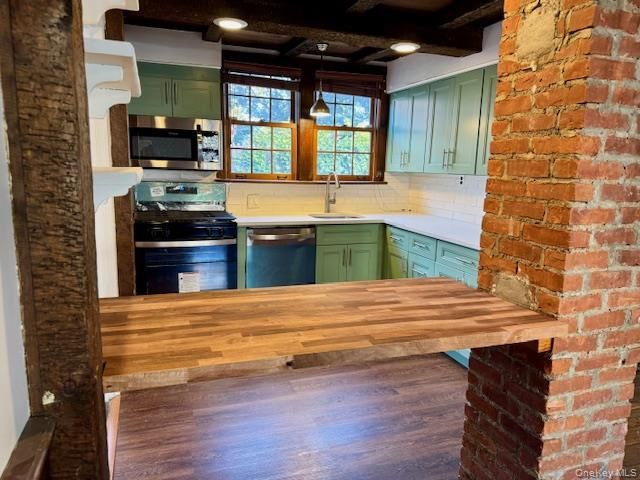 Interior, Kitchen, Pendant Lights, Recessed Lighting, Stainless Steel Appliances, Stone Walls, Wood Texture Flooring