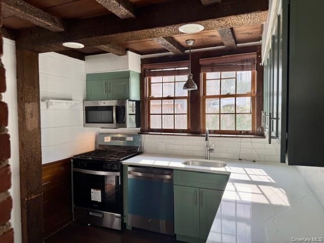 Interior, Kitchen, Pendant Lights, Stainless Steel Appliances, Wooden Beams, Wooden Ceilings