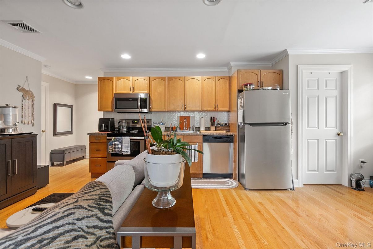 Interior, Kitchen, Recessed Lighting, Stainless Steel Appliances, Wood Texture Flooring