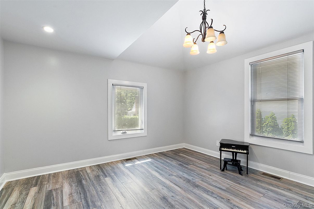 Chandelier, Empty room, Interior, Recessed Lighting, Wood Texture Flooring