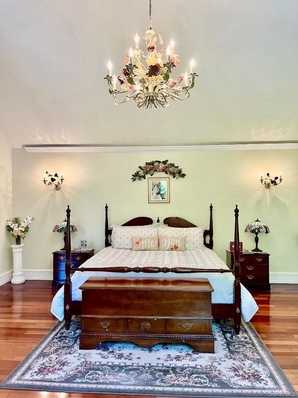 Bedroom, Chandelier, Interior, Wood Texture Flooring