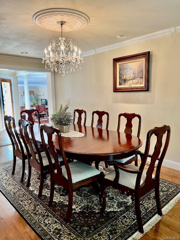 Chandelier, Dining room, Interior, Recessed Lighting, Wood Texture Flooring