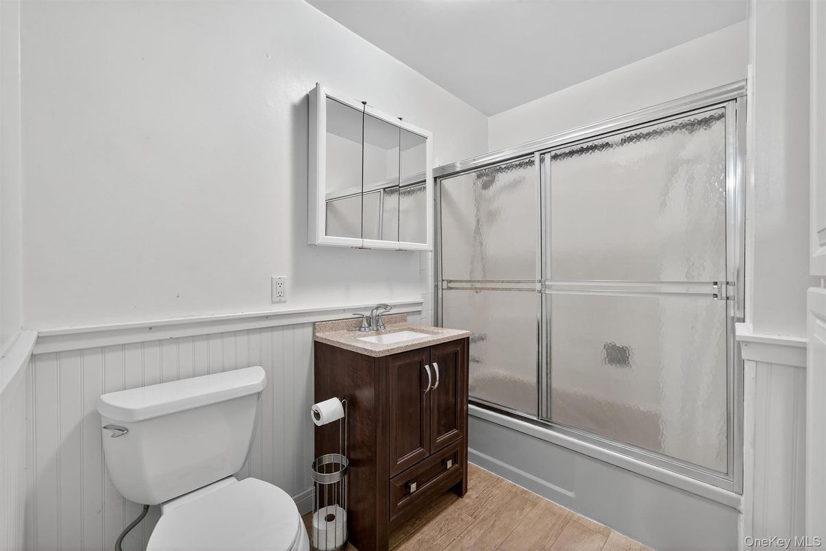 Bathroom, Glass Shower, Interior, Wood Texture Flooring
