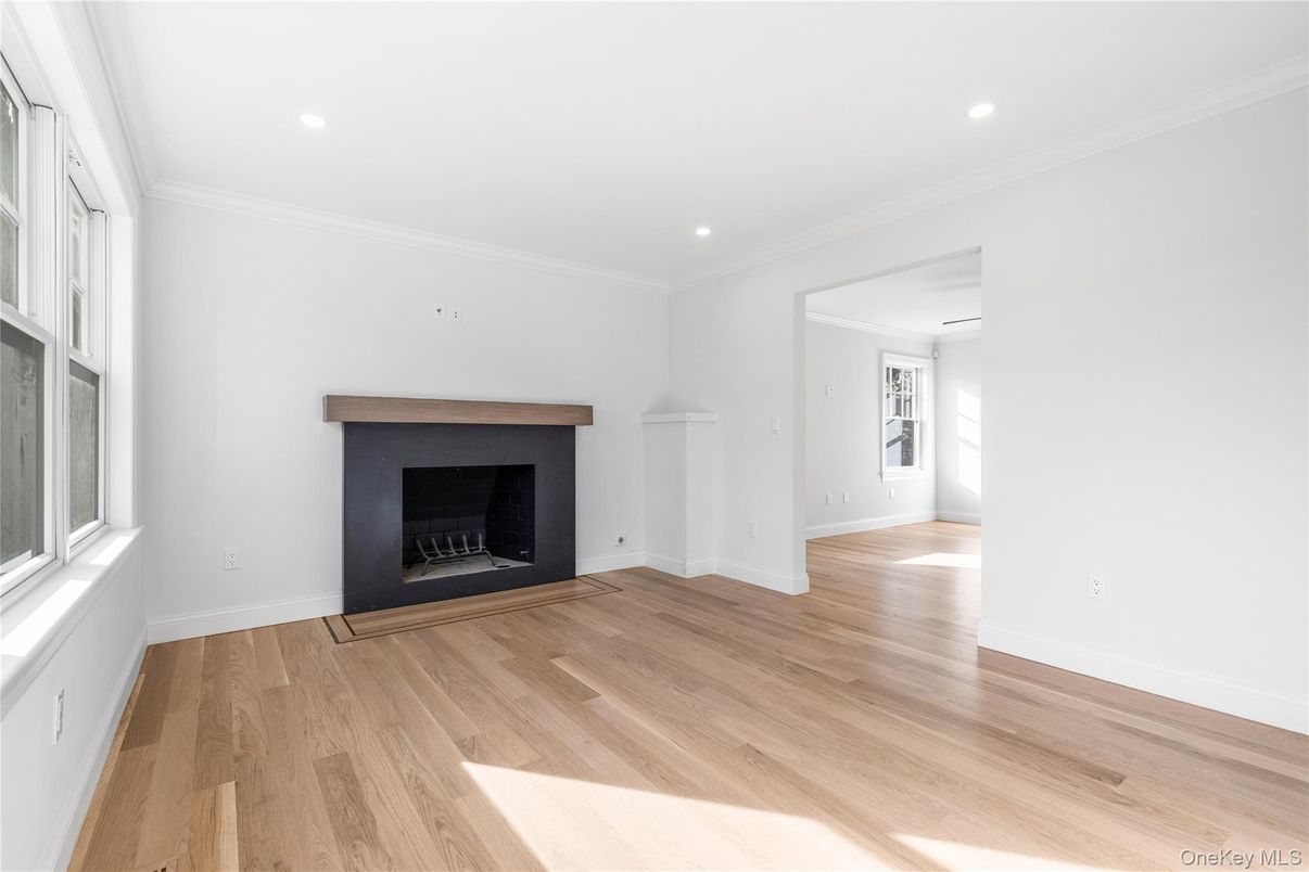 Empty room, Fireplace, Interior, Recessed Lighting, Wood Texture Flooring